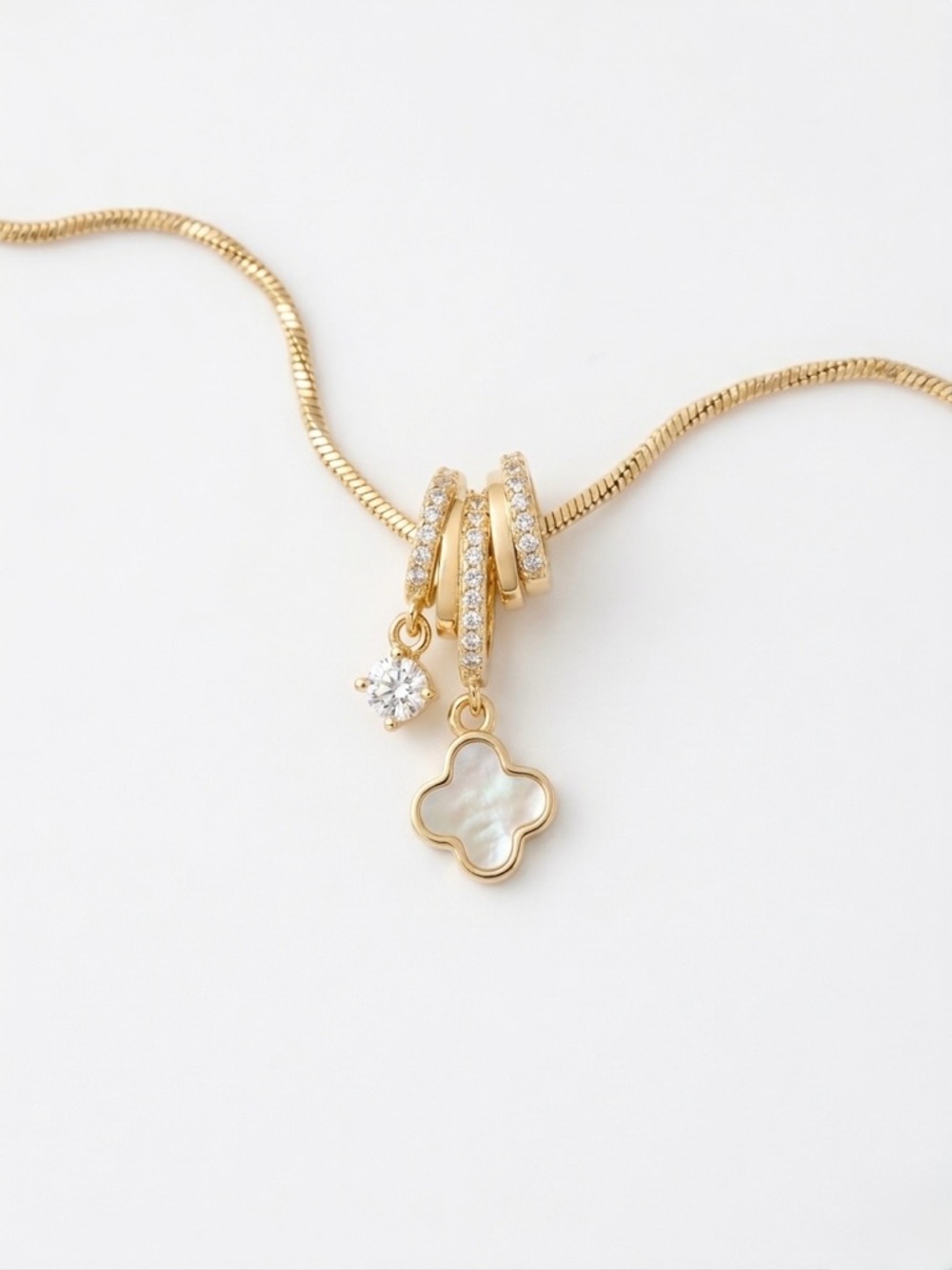 14K Gold Plated MoP Clover Necklace | CZ Pavé Rings & Crystal Charm - Picture 4 of 12
